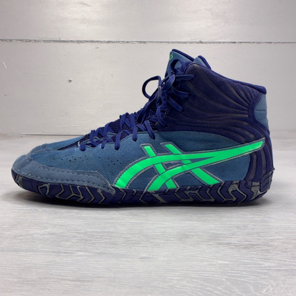 Asics Aggressor Wrestling Shoes Mens Size 10.5 Blue Green High Top Combat Sports